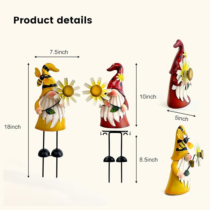 HONGLAND Gnomes Decorations for Yard - Metal Gnome Outdoor Decor Bee Ladybug Garden Statue- Christmas Decoration Thanksgiving Holiday Lawn Patio Yard Stakes (Set of 2)