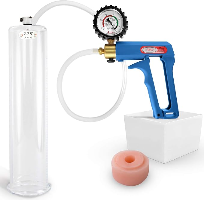 LeLuv Penis Pump Maxi Blue Handle + Protected Gauge - Bundle with Clear Hose, Silicone Donut Seal - 12 inch Length x 2.75 inch Diameter Cylinder