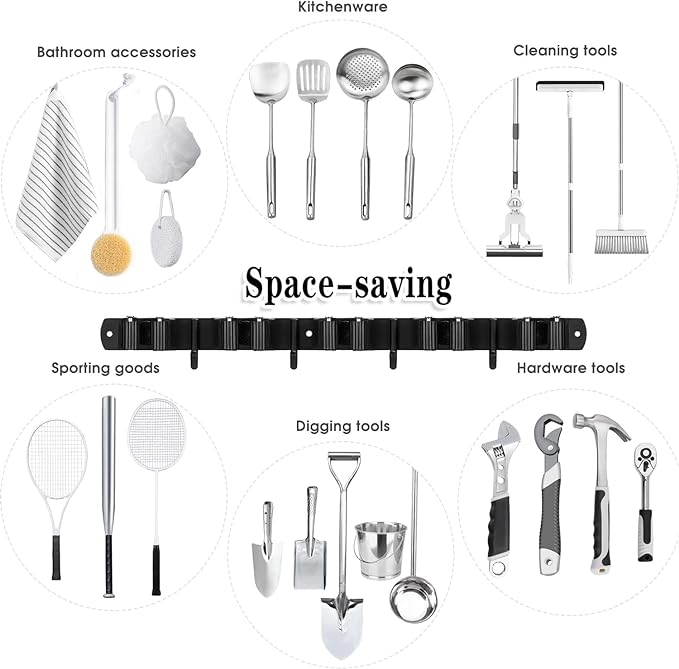 Black 5 Racks and 4 Hooks Mop and Broom Holder Wall Mount, Broom Organizer Storage Tool Racks Stainless Steel Heavy Duty Hooks Self Adhesive Solid Non-slip for Home Kitchen Garden Laundry Garage | Mop Holder Wall Mount and Broom Hanger for Garage, Laun...