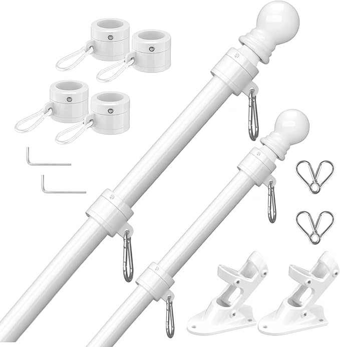 White House Flag Pole Kit, (2 Packs) 6 FT Stainless Steel Tangle Free Spinning Flagpoles with Two-Position Wall-Mounted Flag Pole Holder for 3x5 American Flags, Outside House Porch (No Flag)