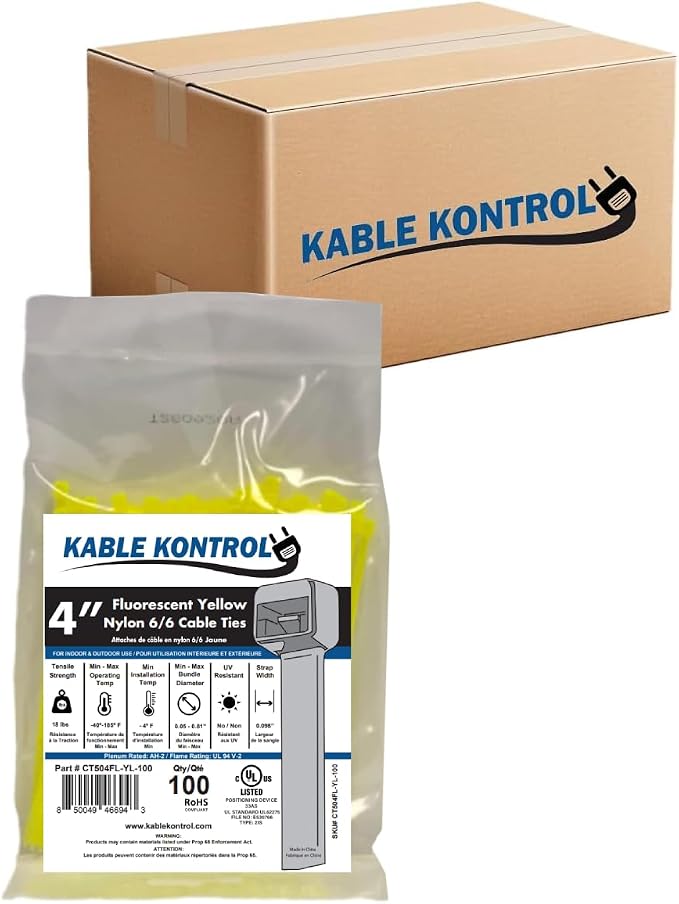 Kable Kontrol Fluorescent Yellow Zip Ties 4 Inch 40,000 Pcs, 18 Lbs Tensile Strength, Bulk Pack, Self-locking Nylon Colored Cable Ties Wire Wraps for Indoor or Outdoor Use