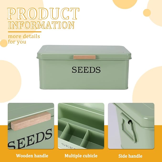 Seed Storage Organizer with 4 Dividers,Metal Seed Saving Box with Lid, Seeds Bin Storage Container Kit with 2 Pens,20 Plant Labels and 50 Seeds Envelopes, Perfect for Flower Plants Garden