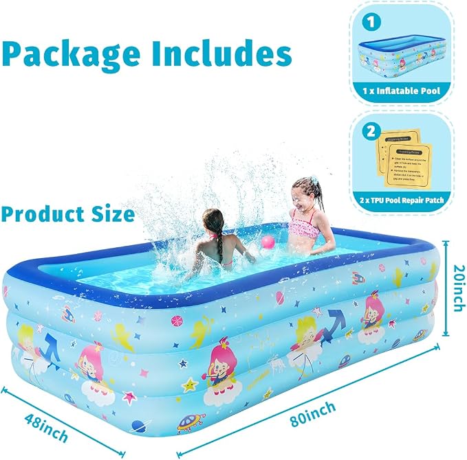 Seasons Inflatable Pool for Kids 80"x48"x20" PVC Thickened Swimming Pool | for Summer Garden & Outdoor Backyard Water Parties
