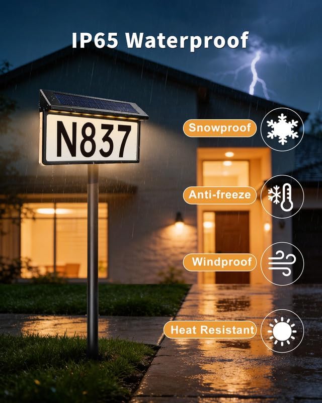 BRIMAX Solar Powered Address Sign,Lighted House Number Plaque IP65 Waterproof,3 Color Modes,Upgraded Side-Lit LED Sign,In-Ground Or Wall Mounted for Outside