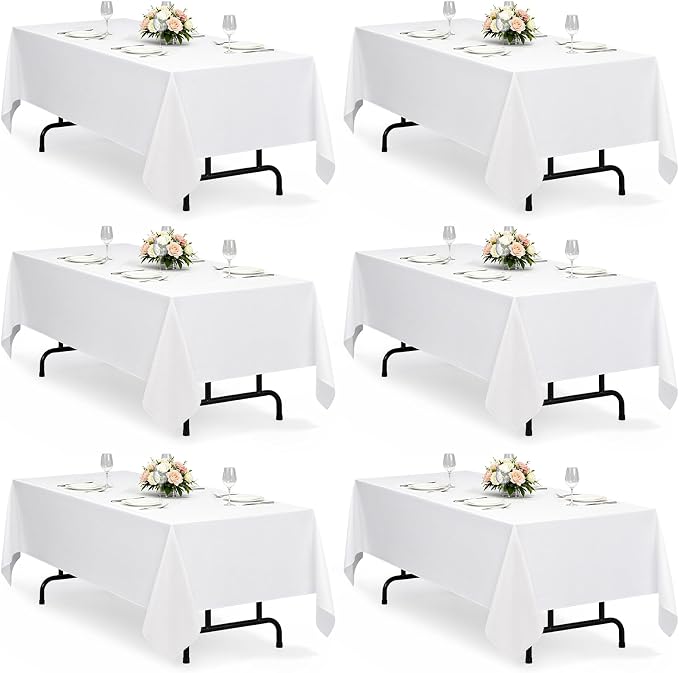 Decorelia Faux Linen White Table Cloths for 4 Ft Rectangle Tables-6 Pack, Washable Polyester Rustic Fabric Faux Linen Table Cloth Cover for Wedding,Outdoor,Events, Party,Banquet, Dining, 60x84 Inch