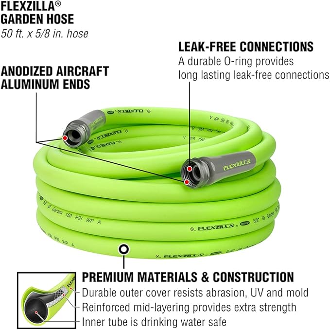 Flexzilla Garden Hose with SwivelGrip, 5/8 in. x 50 ft., ZillaGreen & Garden Hose 5/8 in. x 50 ft, Heavy Duty, Lightweight, Drinking Water Safe, ZillaGreen