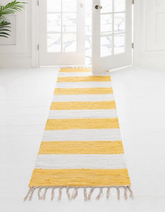 Unique Loom Chindi Rag Collection Area Rug - Striped (2' 2" x 8' Runner, Yellow and Ivory)