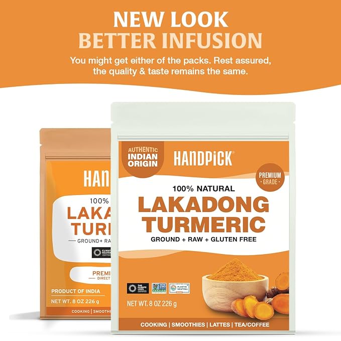 HANDPICK Lakadong High Curcumin Turmeric Powder (226g/ 8oz) Non GMO, Gluten Free, 100% Raw, Sourced from India, High Curcumin, Premium Quality, Packed in Resealable Ziplock Pouch