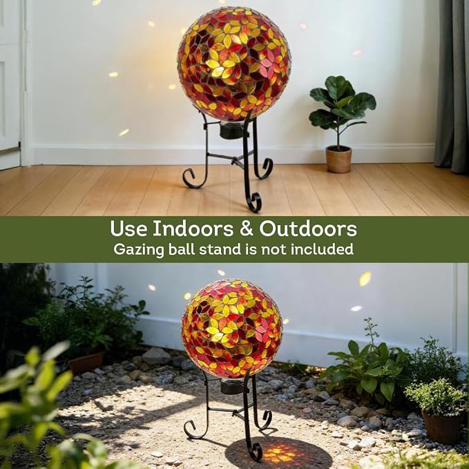Lily's Home Colorful Mosaic Glass Gazing Ball, Designed with a Stunning Holographic Petal Mosaic Pattern to Bring Color and Reflection to Any Home and Garden, Red and Gold (10" Diameter)