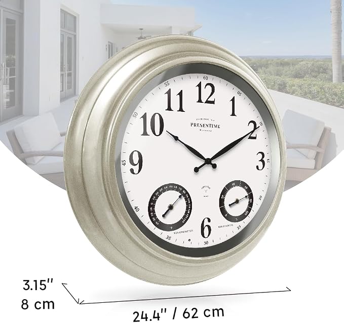 Presentime & Co 24" Jameson Illuminated in/Outdoor Clock, Modern Farmhouse, Self-Illuminated, Waterproof, Weather Station (Thermometer & Hygrometer), Metal Clock, Morning Silver. (Night Light)