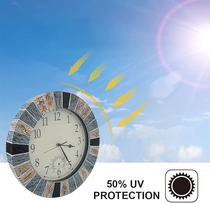 UMEXUS Outdoor Clock with Thermometer, 13 Inch Retro Large Waterproof Wall Clocks Indoor Silent Non-Ticking Battery Operated Weatherproof Decor for Patio Garden Pool Mother Gift