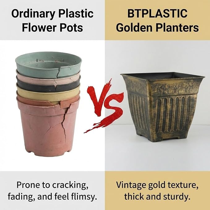 14 Inch Vintage Square Planter - 4 Pack Heavy Duty Antique Gold Plastic Flower Pot with Drainage & Raised Base, Retro 7 Gal Plant Container for Outdoor Patio, Porch, Indoor (13" Tall)