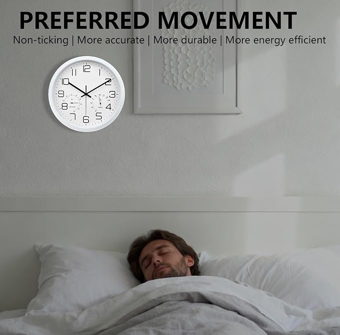 12 Inch Wall Clock with Temperature and Humidity, Wall Clocks Battery Operated, Silent Non-Ticking Large Numbers Analog Clock for Bedroom Living Room Office Kitchen Farmhouse Outdoor, White, Celsius