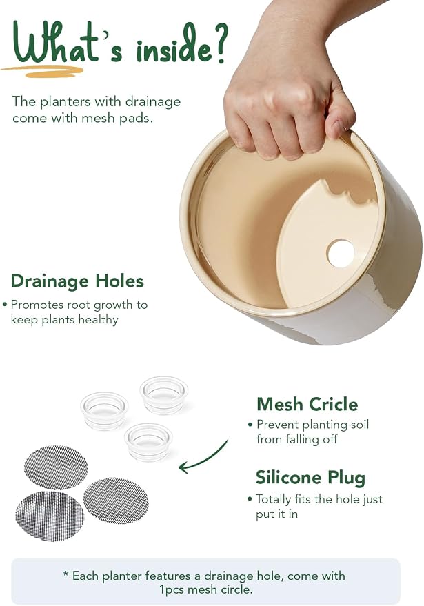 LE TAUCI 10+8+6 Inch Ceramic Pots for Plants, Indoor Planters with Drainage Hole and Plug, Modern Cylinder Flower Pots Set of 3 for Living Room and Bedroom, Glossy, Sand Beige