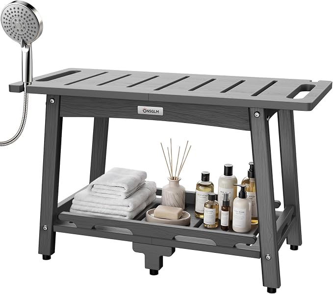 28" Extra Large Shower Bench, HDPE Waterproof Shower Chairs Seat, Adjustable and Non-Slip Feet, Shower Stool for Inside Shower to Sit On, Indoor/Outdoor Use, As Porch Bench, Garden Entryway, Grey