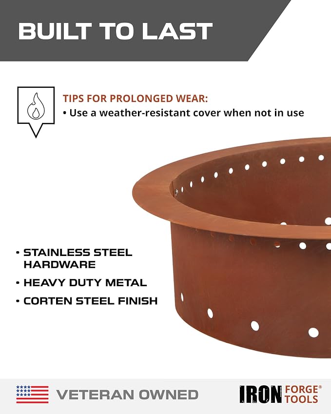 Iron Forge Tools Smokeless Outdoor Fire Pit Ring Insert 36 Inch Round | heavy duty corten steel, permanent fire pit rings, backyard bonfire, smokeless firepit, 30 inch inner ring, pit liner insert