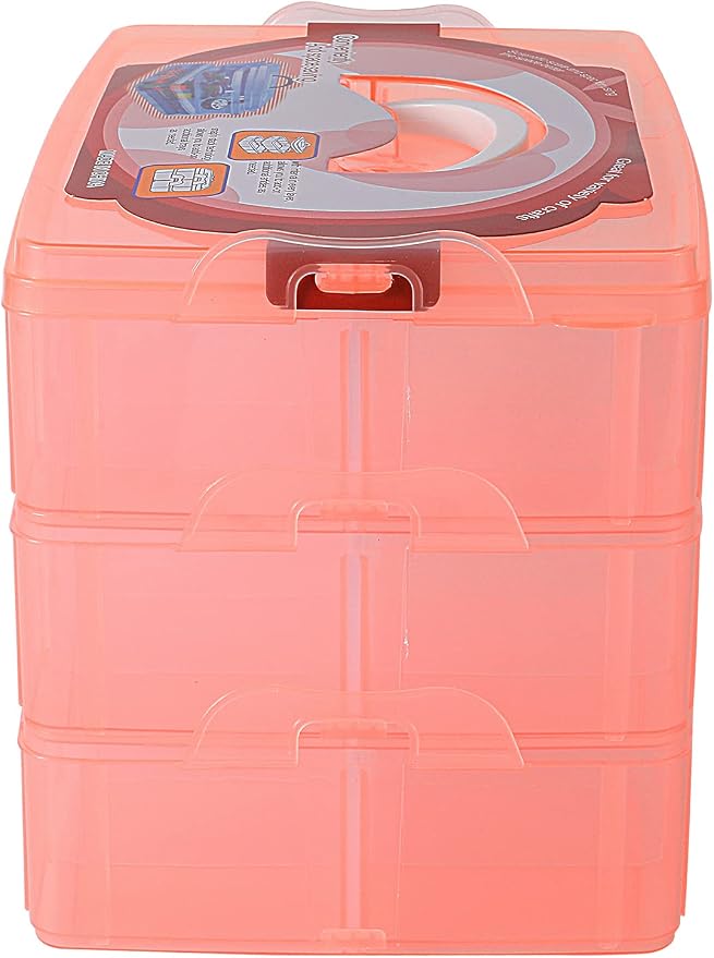 Sooyee Craft Storage Organizer, 3-Tier Plastic Sewing Box with Dividers, Storage Containers for Organizing Art Supplies, Fuse Beads, Washi Tape, Jewelry, Tool, Toy, Orange, 10"(L) x 6.7"(W) x 7"(H)