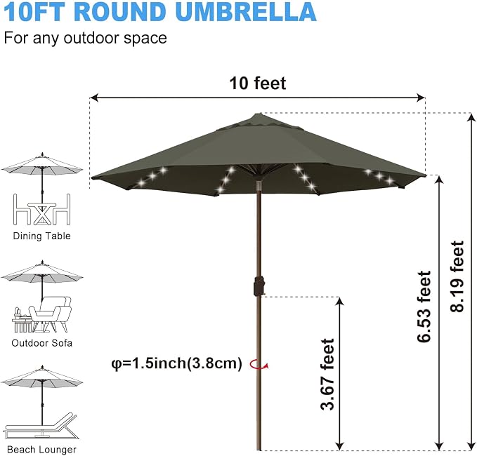 Eurmax USA 10-Year-Non-Fading 10FT Outdoor Patio Market Umbrella with LED Lights,UPF50+ UV Resistant,Heavy Duty Commercial Grade,Crank Lift&Tilt,Windproof Vented Top for Garden,Pool,Deck,Charcoal