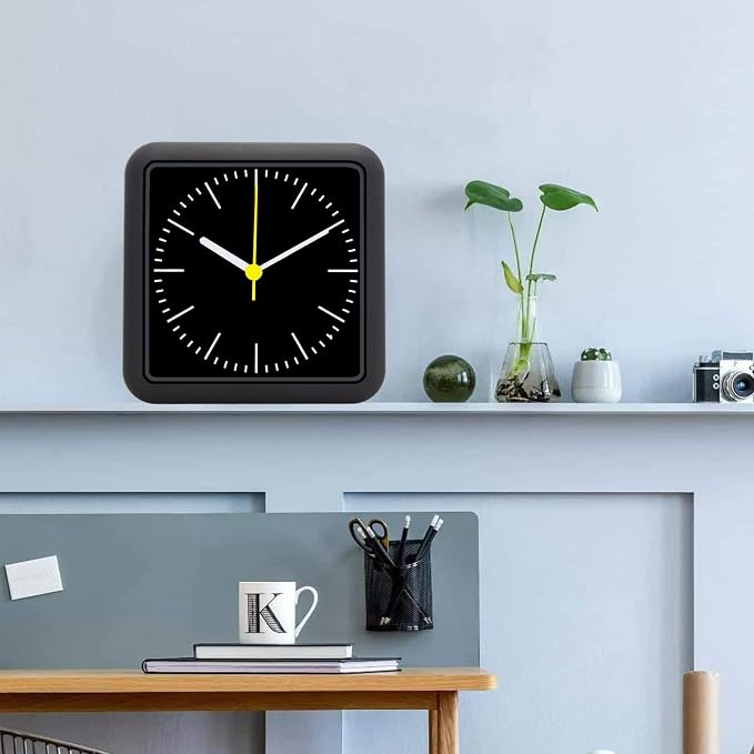 Bathroom Waterproof Wall Clock, Black Indoor Wall Clock with Suction Cup, Quartz Movement, Plastic Frame, Flexible Choice for Hanging Or Standing, Modern Silent Small Clock for Living Room and Kitchen