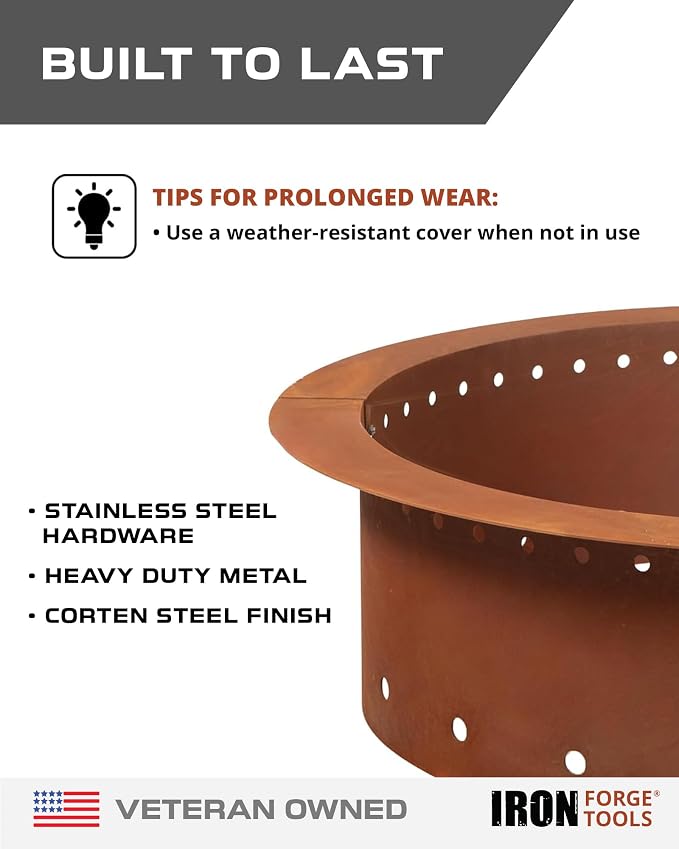 Iron Forge Tools Smokeless Outdoor Fire Pit Ring Insert 30 Inch Round | heavy duty corten steel, permanent fire pit rings, backyard bonfire, smokeless firepit, 24 inch inner ring, pit liner insert