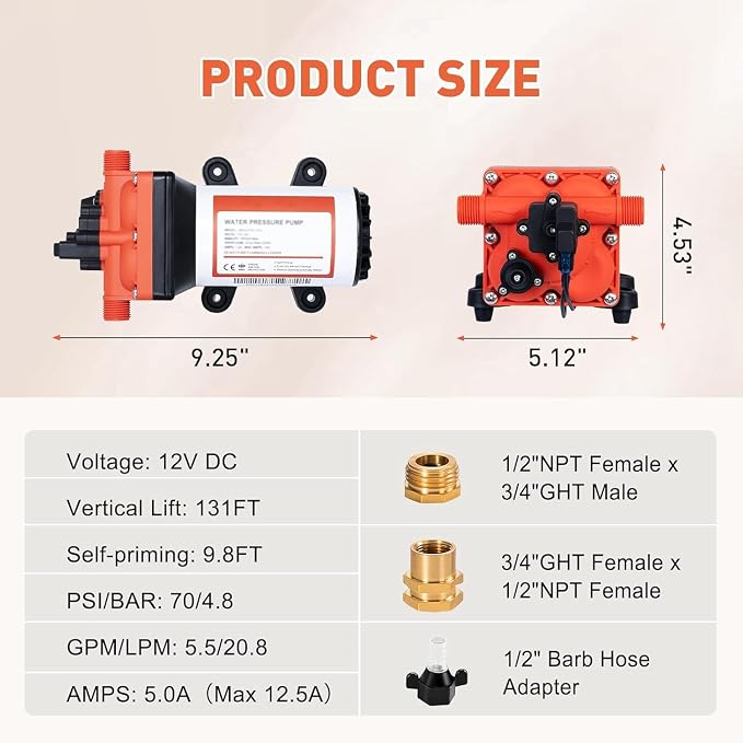 High Pressure 12 Volt RV Water Diaphragm Pump 5.5GPM 70PSI,On Demand 12V DC Self Priming Water Pump with Smart Pressure Switch,Fresh Wash Down for Boat Camper Marine Sprayer Garden Off-grid