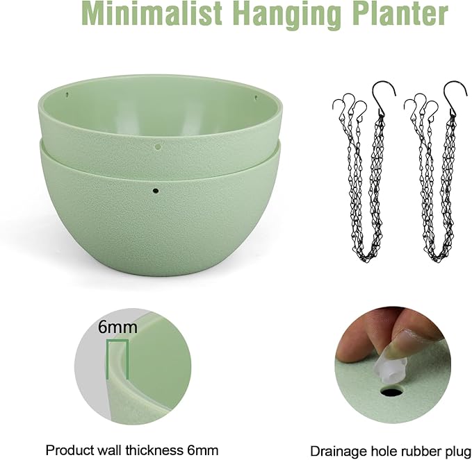 Meowell 10 inch Hanging Planters Plant Pots for Indoor Outdoor Plants, 2 Pack Hanging Flower Pots with Drainage Holes and Chain for Garden Porch, Plastic Hanging Baskets for House Plants, Green