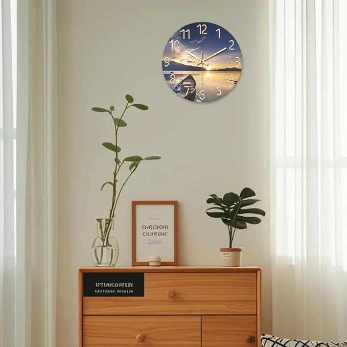 Round Kitchen Wall Clocks Battery Operated 12 Inch | Modern Sunset Decorative Wall Clock for Living Room Bedroom Bathroom Silent Analog Clock for Wall