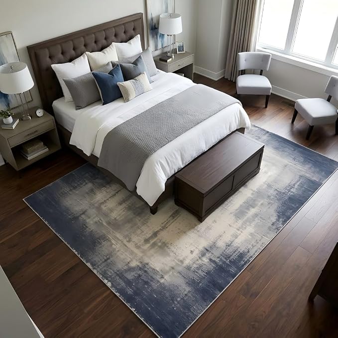 5x7 Navy Blue and Ivory Abstract Gradient Area Rug | Washable non-slip low-pile faux cashmere rug for living rooms, bedrooms and home offices; soft, foldable and easy to clean.
