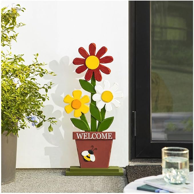 Glitzhome 30 Inch Welcome Sign for Front Door Porch Standing, Outdoor Decor with Wooden Trio Flowers, Yard Sign for Patio Front Door Outside