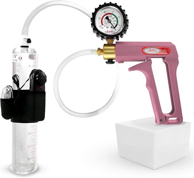 LeLuv Vibrating Penis Pump Maxi - Pink Nylon Handle + Protected Gauge and Clear Hose - 9 inch Length x 1.50 inch Diameter Cylinder