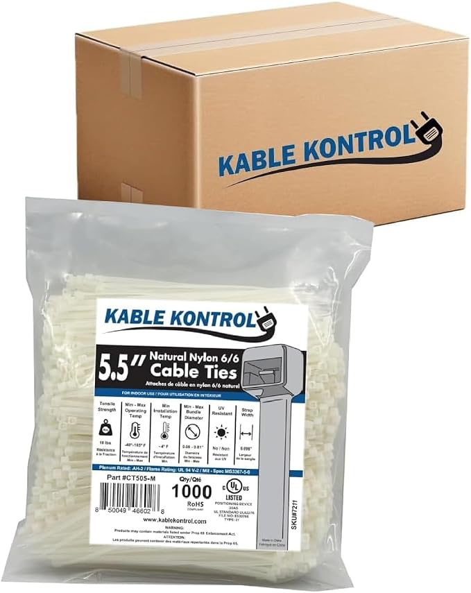 Kable Kontrol Cable Zip Ties Natural White 30,000 Pcs 5.5 Inch, 18 Lbs Tensile Strength, Bulk Pack, Self-locking Natural Nylon Clear Plastic Wire Ties wraps for Indoor or Outdoor Use