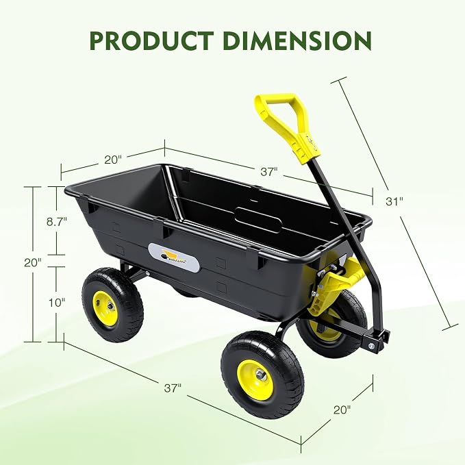 Garden Dump Cart, 5 Cu.Ft. Heavy-Duty Utility Wagon with 950lbs Capacity, 10" All Terrain Tires, 180° Rotating 2-in-1 Convertible Handle, for Yard, Lawn, and Outdoor Use
