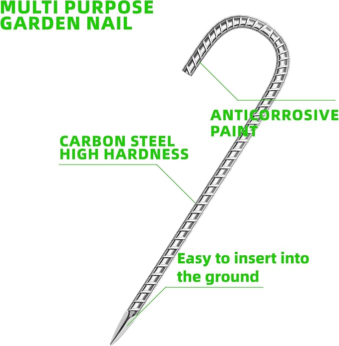 10 Pack Ground Garden Rebar Stakes Rebar 16 Inch Anti-Rust Galvanized Steel J Shape Hook Heavy Duty Ground Anchors for Tents, Position Kits,Fences, and Trampolines Landscape Fabric