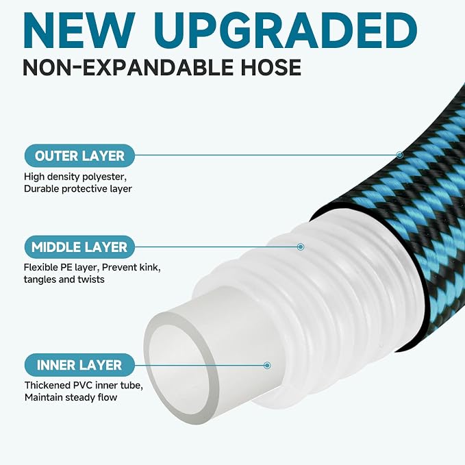 Garden Hose 100FT Non-Expandable Water Hose Lightweight Flexible Kink-Free Leak-Proof Outdoor Hose Portable Watering Pipe for Yard Lawn Camper Outside Durable Fabric with 3/4 Inch Brass Fittings