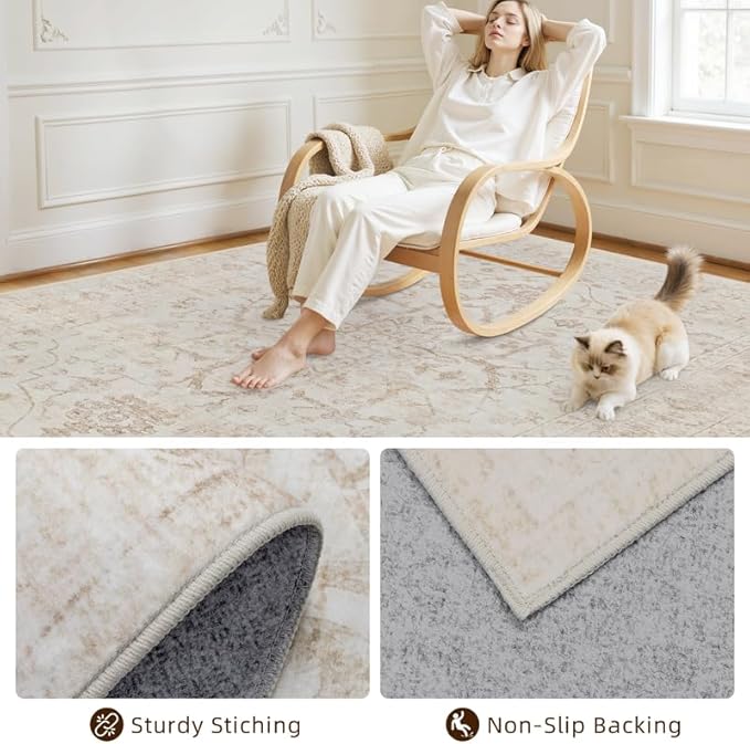 6x9 Area Rugs Living Room: Bedroom Washable Carpet Warm Beige | Vintage Boho Soft Small Indoor Decor Floor Non-Slip Low Pile Neutral Farmhouse Entryway Laundry Bathroom Bedroom Beside Rugs