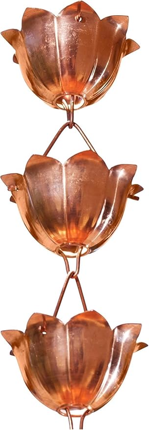 Monarch Rain Chains Pure Copper Lotus Cup Rain Chains for Gutters – 8.5 ft Decorative Rainchain Outdoor Durable Heavy Duty Gutter Chain Downspout Replacement, Modern Rainchains for Outside