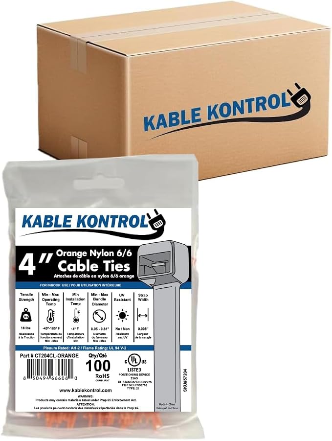 Kable Kontrol Orange Zip Ties 4 Inch 40,000 Pcs, 18 Lbs Tensile Strength, Bulk Pack, Self-locking Nylon Colored Cable Ties Wire Wraps for Indoor or Outdoor Use