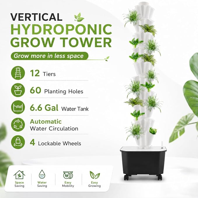 12-Tier 60-Hole Indoor Hydroponic Grow Tower, Vertical Garden System with 6.6Gal Tank & Water Pump, Self-Watering for Herbs, Lettuce, Strawberries, Space Saving Indoor Gardening for Home, Apartment