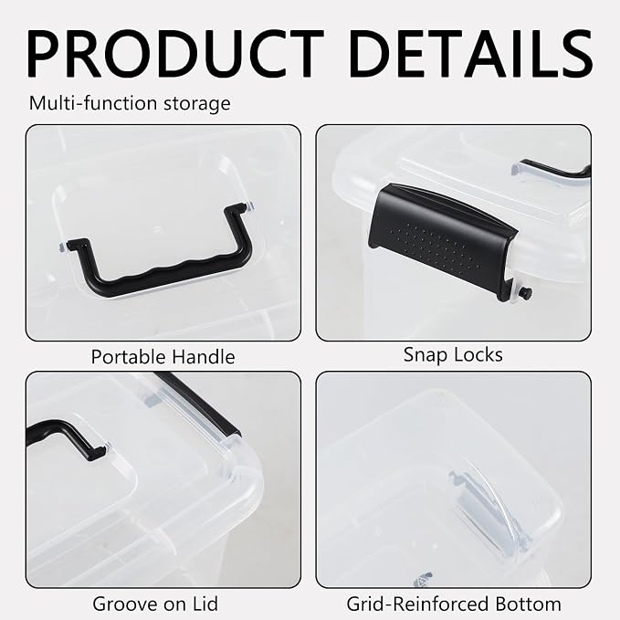 6-Pack Home Storage Bins, Plastic Container, Latching Box with Handle (Black handle)