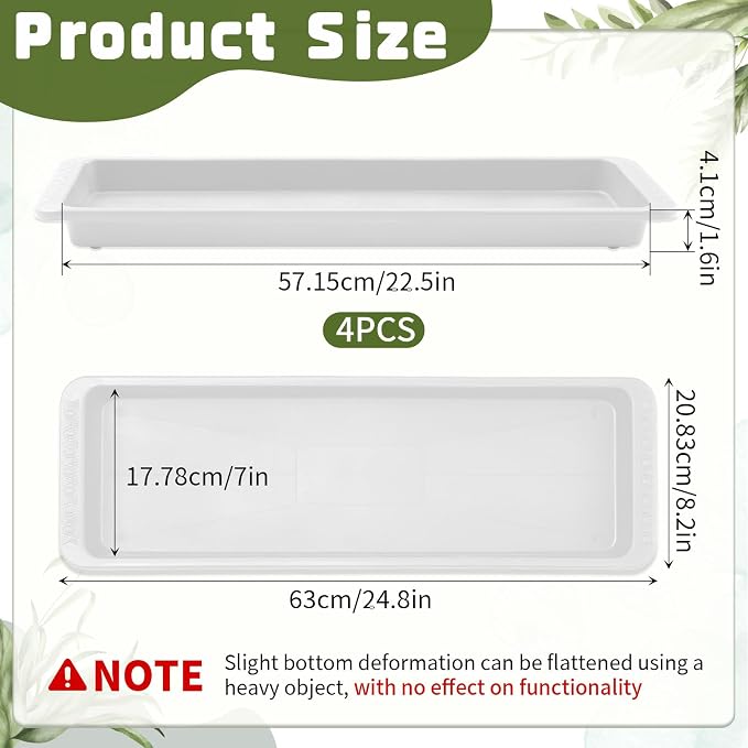 Cinnvoice 4 Pack White 24 x 8 x 1.6 Inch Rectangle Plant Saucer Large Plastic Plant Tray Water Drip Trays for Windowsill Flower Pot Planter Drainage Germination Garden Indoor Outdoor Use