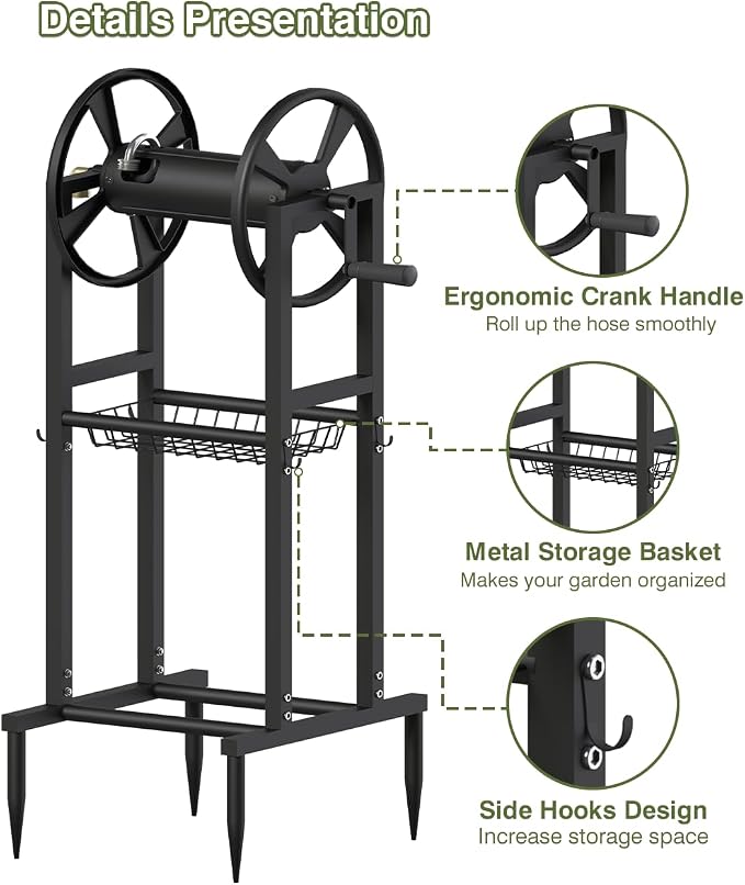 Freestanding Garden Hose Reel holds 125ft Hose of 5/8" with 4 Hooks, 4-Spike Outdoor Hose Holder with 3.9ft Leader Hose & Brass Fitting, Detachable Metal Hose Stand with Storage Rack, Black