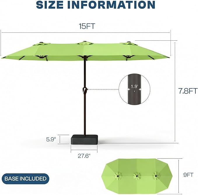 15FT Large Patio Umbrella with Base Included, Double Sided Outdoor Market Umbrella with Flexible Fiberglass Ribs, UV-Blocking Extra Large Umbrella for Garden, Pool, Deck, Apple Green
