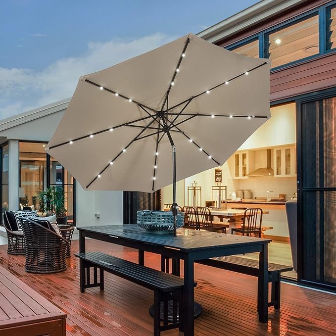 HAPPYGRILL 10FT Patio Umbrella with Lights Outdoor Solar Powered Sunbrella with Tilt Crank Umbrella for Garden Poolside Backyard Beach