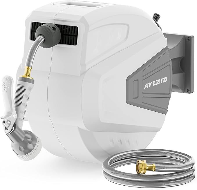 Ayleid Retractable Rubber Hybrid Garden Hose Reel, 1/2"x65ft Wall Mount | Anti-freeze, kink-free premium rubber hybrid hose, 24-month warranty, 9-pattern sprayer, any-length lock, slow auto-return.