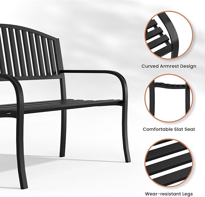 Garden Bench, 50" Outdoor Bench, 660LBS Wrought Iron Porch Bench, Patio Bench with Armrests for Garden Lawn or Yard, Black