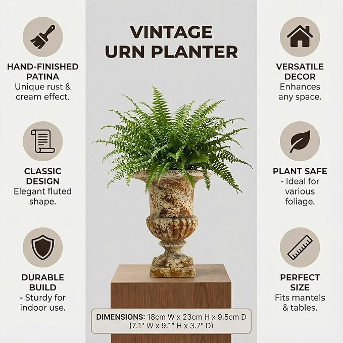Small 9.1'' H Vintage Urn Planter, Distressed Retro Tabletop Flower Pot with Drainage Hole, Lightweight Decorative Pedestal Planter for Indoor Plants, Office Desk, Shelf, Patio Table Decor