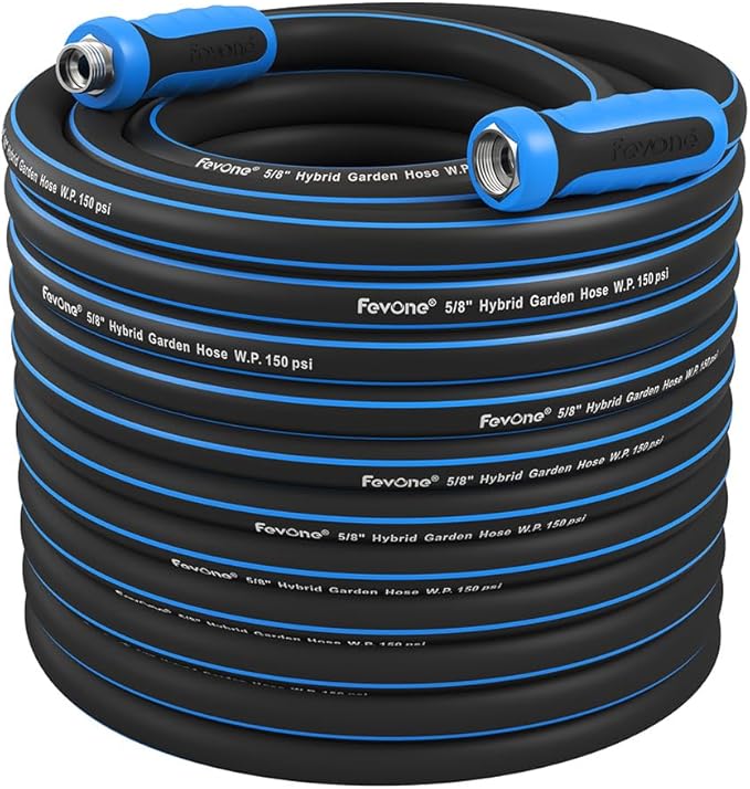FEVONE Heavy Duty Garden Hose 105 ft, Hybrid Polymer Water Hose | Flexible, Leak-Free, Lightweight, 5/8 ID, 600 PSI, 3/4 GHT Aluminum Fittings with Swivel Handles