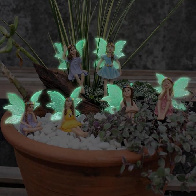 6PCS Fairy Garden Decor Fairies, Glow in The Dark Yard Sculpture Lawn Ornament Mini Garden Art Outdoor Decor Accessories (6 Fairies)