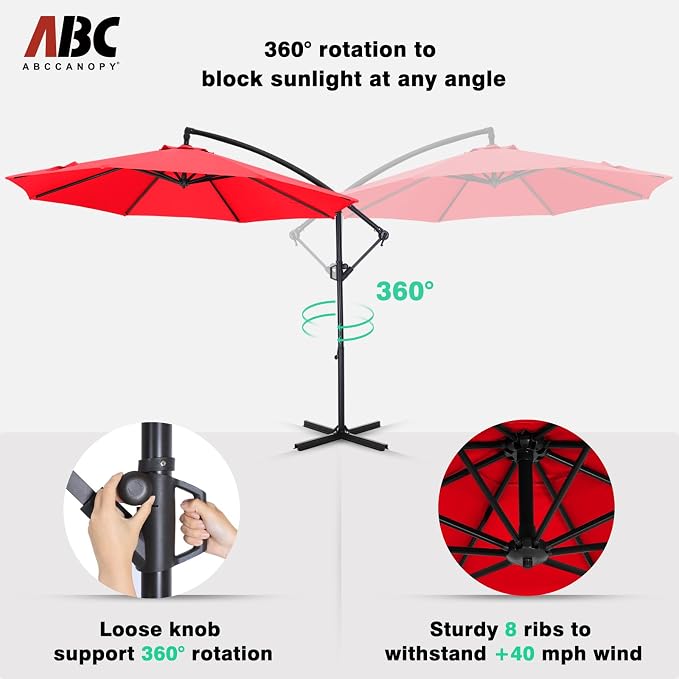 ABCCANOPY 10FT Cantilever Patio Umbrella with base included, 360° Rotation Outdoor Offset Umbrella for Backyard, Deck, Poolside (Red)