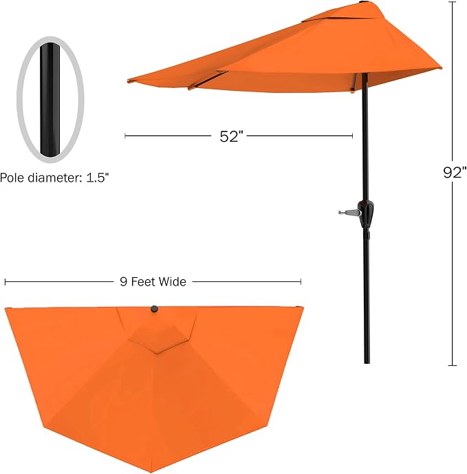 Pure Garden Half Round Patio Umbrella with Easy Crank – Compact 9ft Semicircle Outdoor Shade Canopy for Balcony, Porch, or Deck (Terracotta)